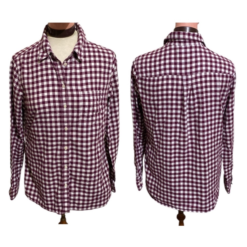 Banana Republic Classic Fit Gingham Checked Long Sleeve Button Up Top Burgundy